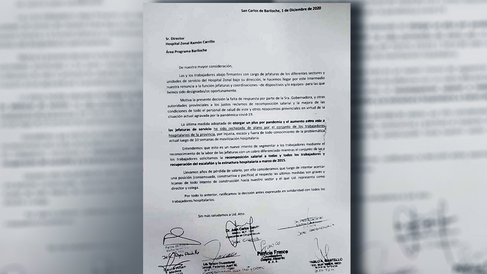 La carta presentada en el hall del hospital.