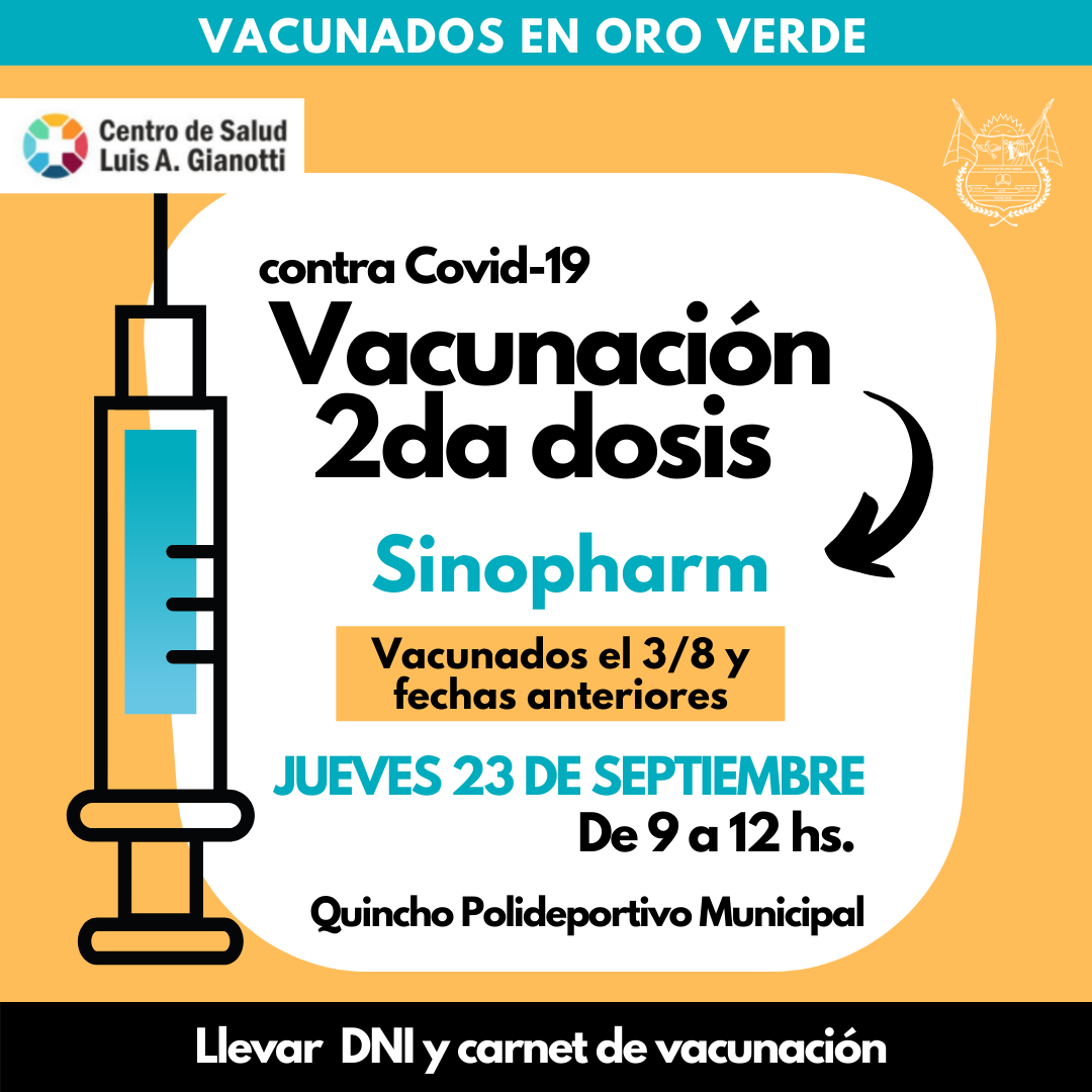 Oro Verde: Aplicarán este  jueves 23 segundas dosis de Sinopharm