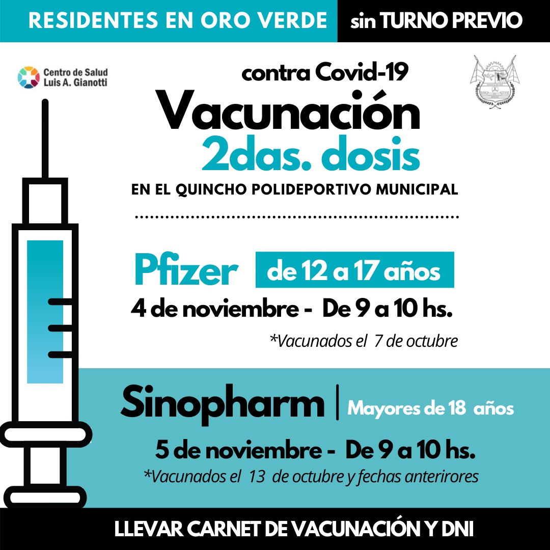 Este jueves se aplicarán segundas dosis de Pfizer y el Viernes de Sinopharm en Oro Verde Este jueves se aplicarán segundas dosis de Pfizer y el Viernes de Sinopharm en Oro Verde