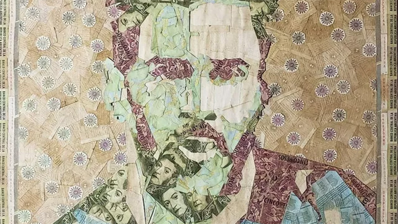 Un artista realizó un cuadro de Lionel Messi usando billetes de cinco pesos