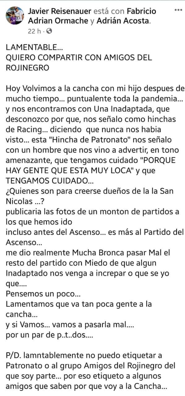 Hincha de Patronato denuncia amenazas en la tribuna San Nicolas