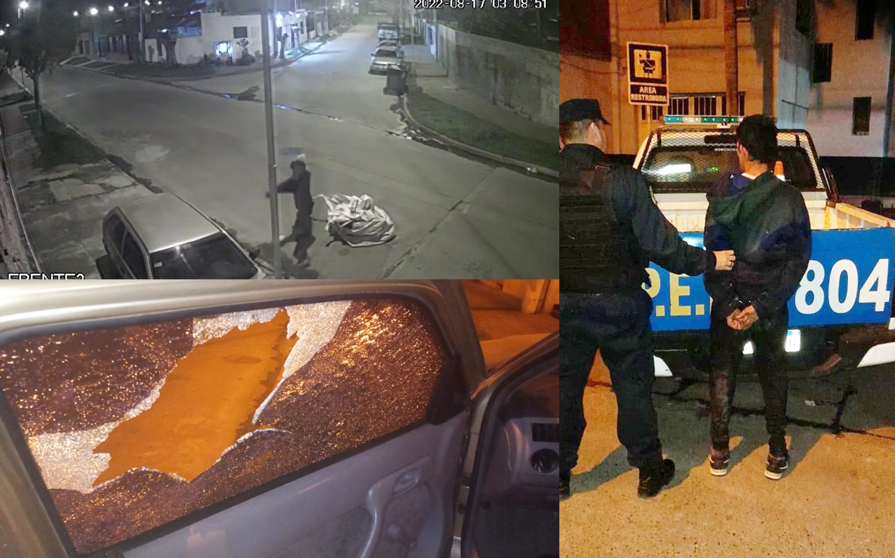 Le destrozo el vidrio del auto para robar, quedó filmado y detenido