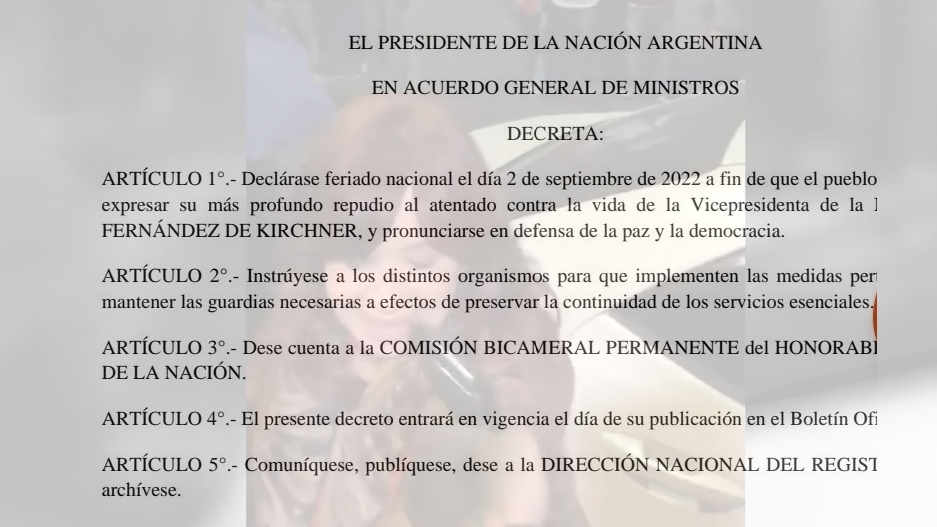 Hoy es feriado por el intento de magnicidio contra la Vicepresidenta Hoy es feriado por el intento de magnicidio contra la Vicepresidenta