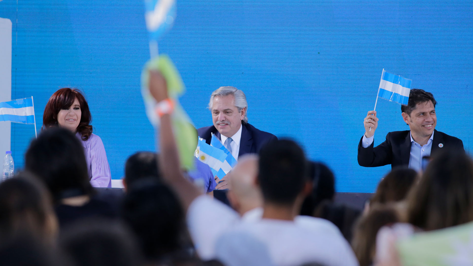 Desde la izquierda. Cristina Kirchner, Alberto Fernández y Axel Kicillof. (foto Luciano González)