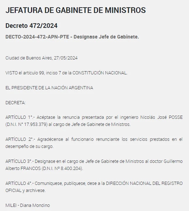 Posse afuera: el Gobierno oficializó a Francos como su reemplazo en la Jefatura de Gabinete