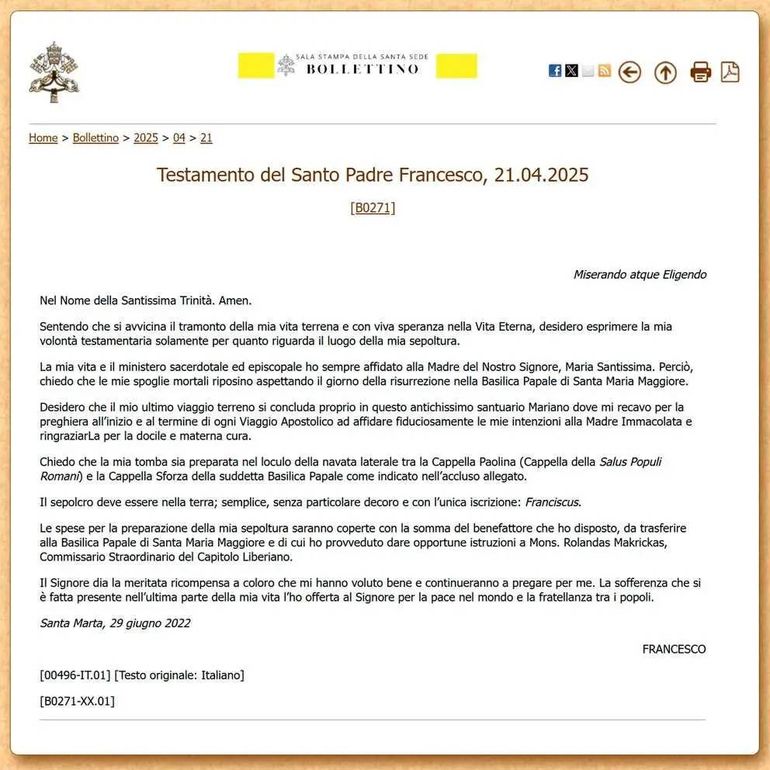 El Vaticano dio a conocer el testamento del papa Francisco: ¿Cuál fue su última voluntad?